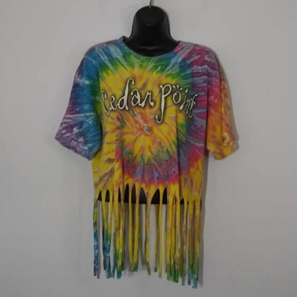 Upcycled Custom Tie Dye Colorful Swirl Cedar Point Fringe T-Shirt Sz Large - Picture 6 of 6